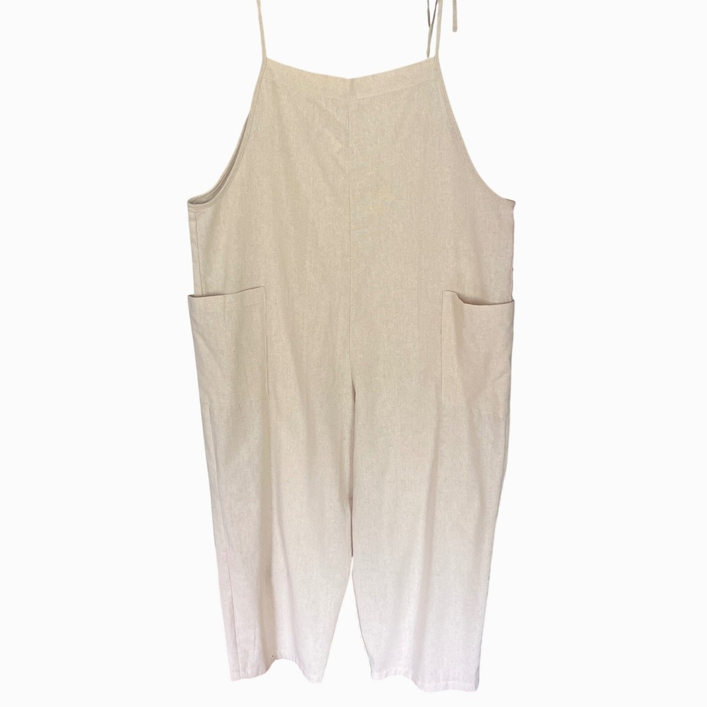 Favlux Womens Beige Cotton Blend Wide Leg Drop Crotch Jumpsuit Overalls Medium - Picture 1 of 12